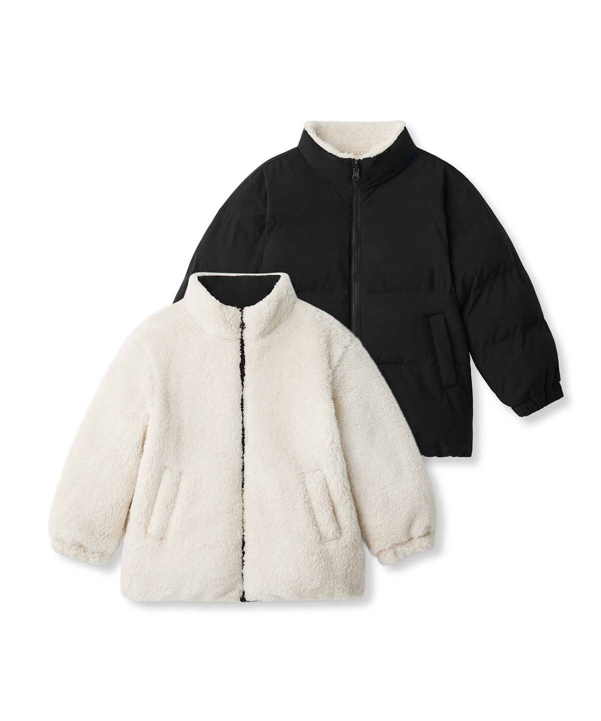 무신사 스탠다드 키즈(MUSINSA STANDARD KIDS) 데일리 푸퍼 리버서블 플리스 숏 패딩 재킷 [블랙/크림]