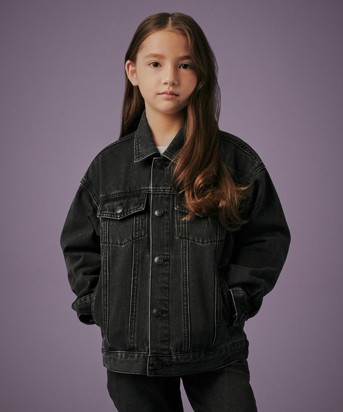 무신사 스탠다드 키즈(MUSINSA STANDARD KIDS) 오버사이즈 데님 트러커 재킷 [워시드 블랙]