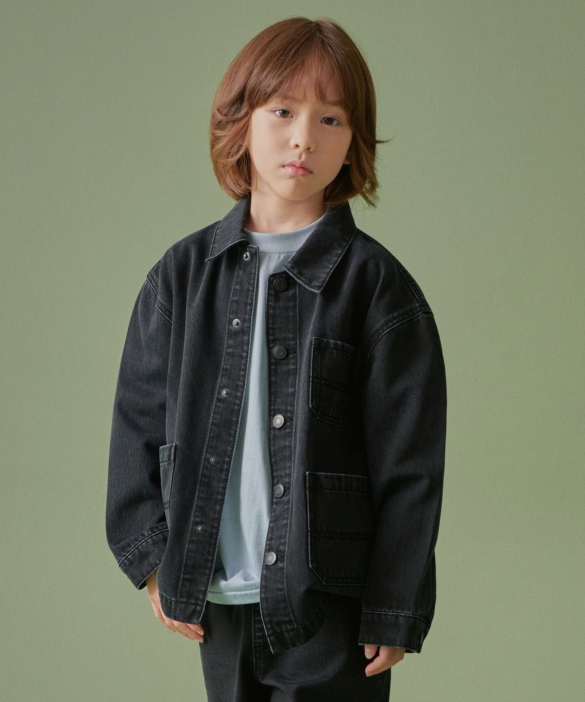 무신사 스탠다드 키즈(MUSINSA STANDARD KIDS) 오버사이즈 데님 워크 재킷 [워시드 블랙]