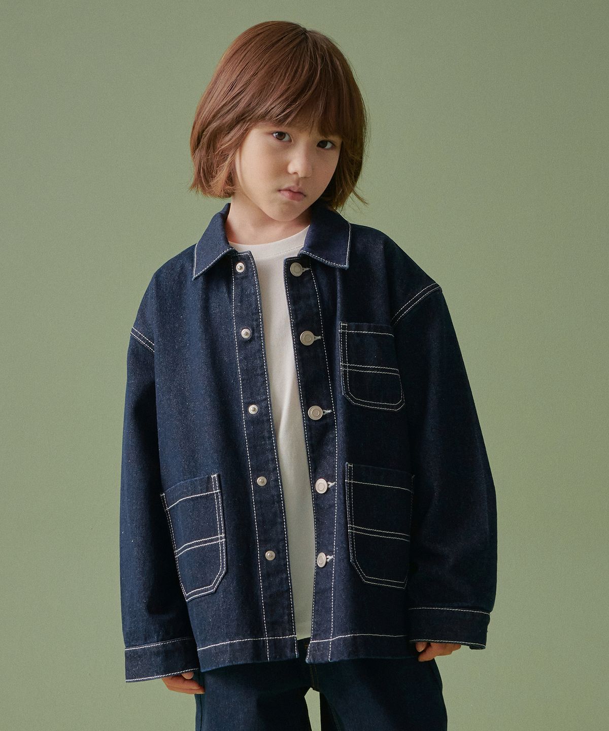 무신사 스탠다드 키즈(MUSINSA STANDARD KIDS) 오버사이즈 데님 워크 재킷 [딥 인디고]