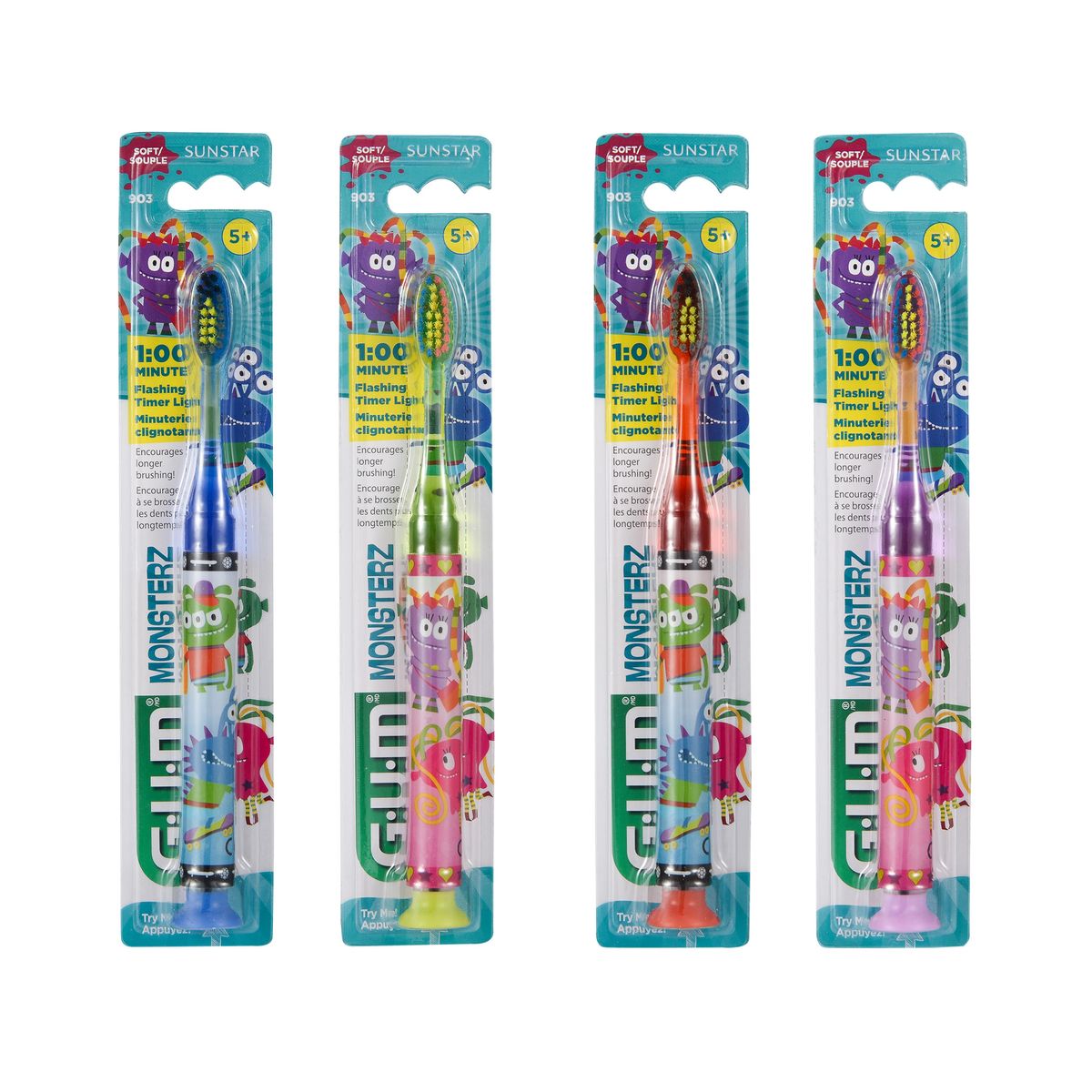 검(GUM) 몬스터즈 라이트업 어린이 칫솔 4개입