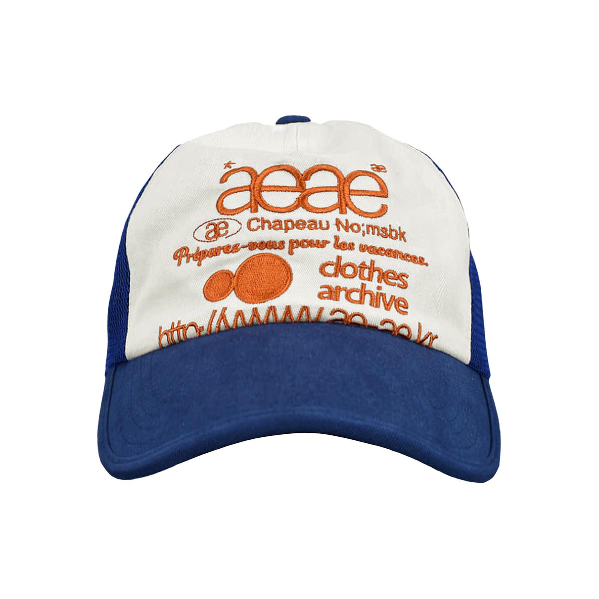 에이이에이이(AEAE) WEB LOGO MESH CAP [BLUE/ORANGE]