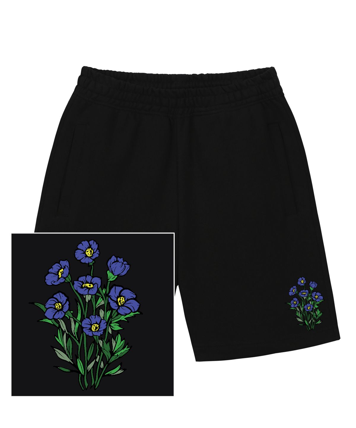 트립션(TRIPSHION) BLUE FLOWER BUNDLE LOGO 스웨트 하프 팬츠 - 블랙