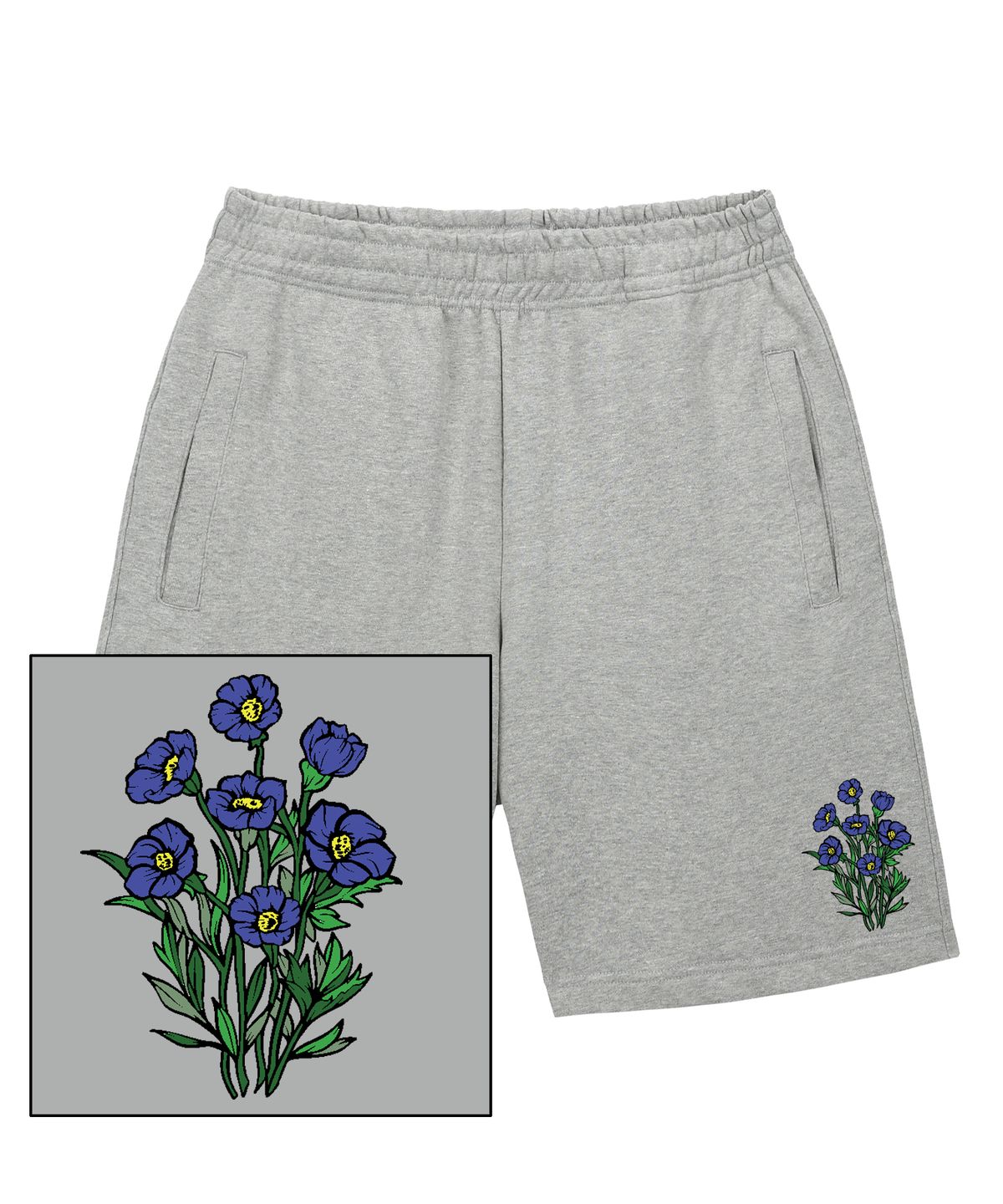 트립션(TRIPSHION) BLUE FLOWER BUNDLE LOGO 스웨트 하프 팬츠 - 그레이