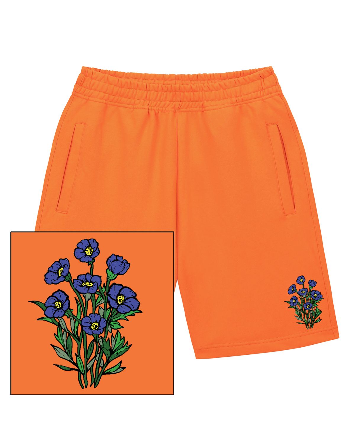 트립션(TRIPSHION) BLUE FLOWER BUNDLE LOGO 스웨트 하프 팬츠 - 오렌지
