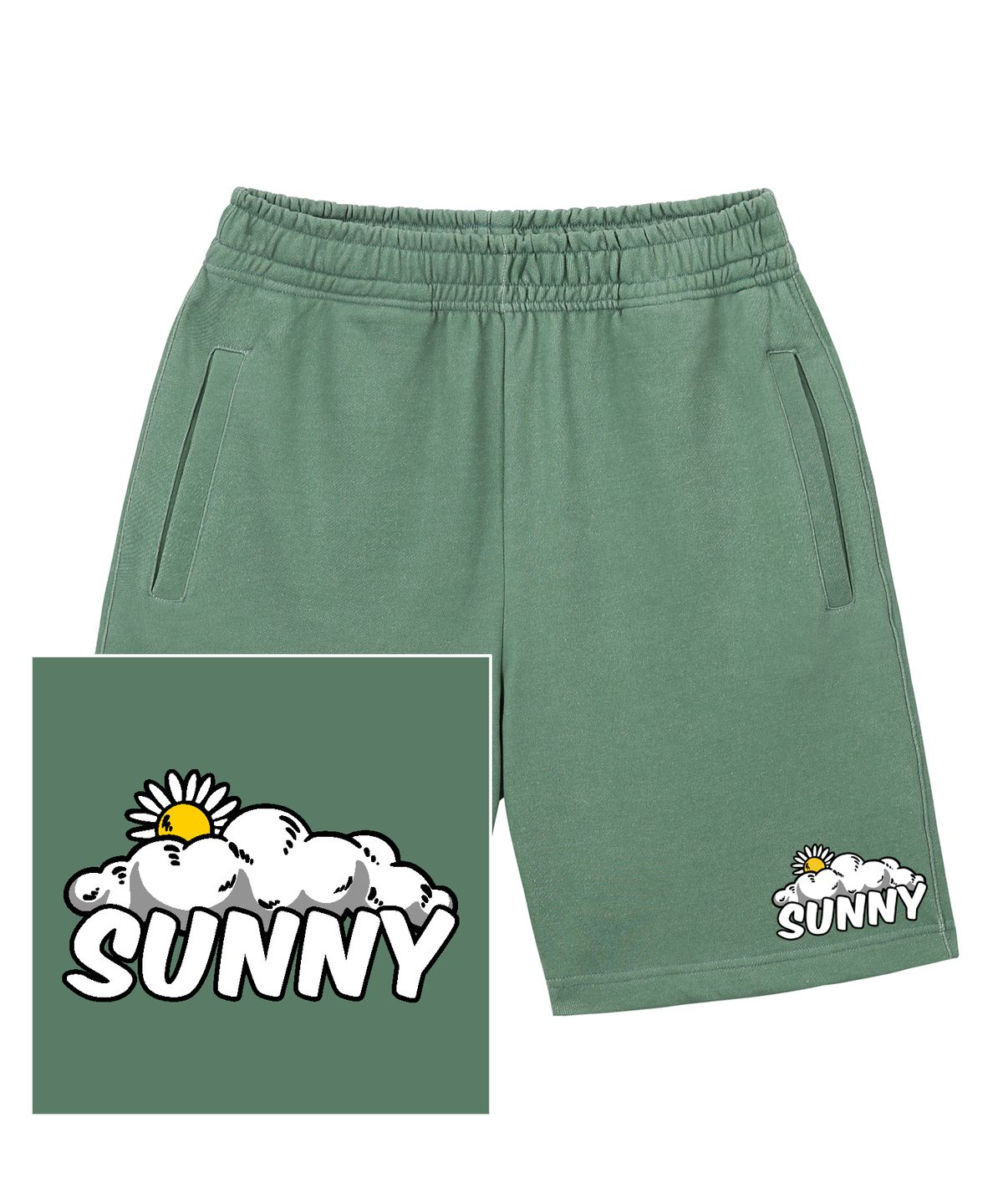 트립션(TRIPSHION) SUNNY&CLOUD LOGO 스웨트 하프 팬츠 - 피그먼트 그린