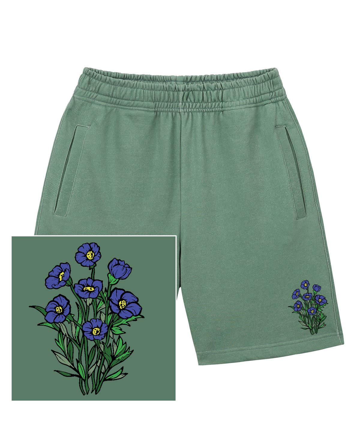 트립션(TRIPSHION) BLUE FLOWER BUNDLE LOGO 스웨트 하프 팬츠 - 피그먼트 그린