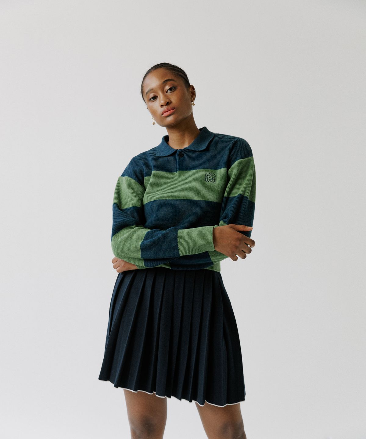 아웃 오브 트렁크(OUT OF TRUNK) Stripe Collar knit Green (Women)