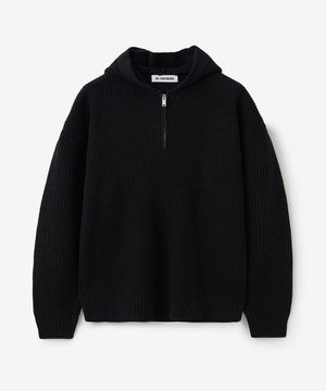 오버사이즈 리브 니트 후드 하프 집업_블랙