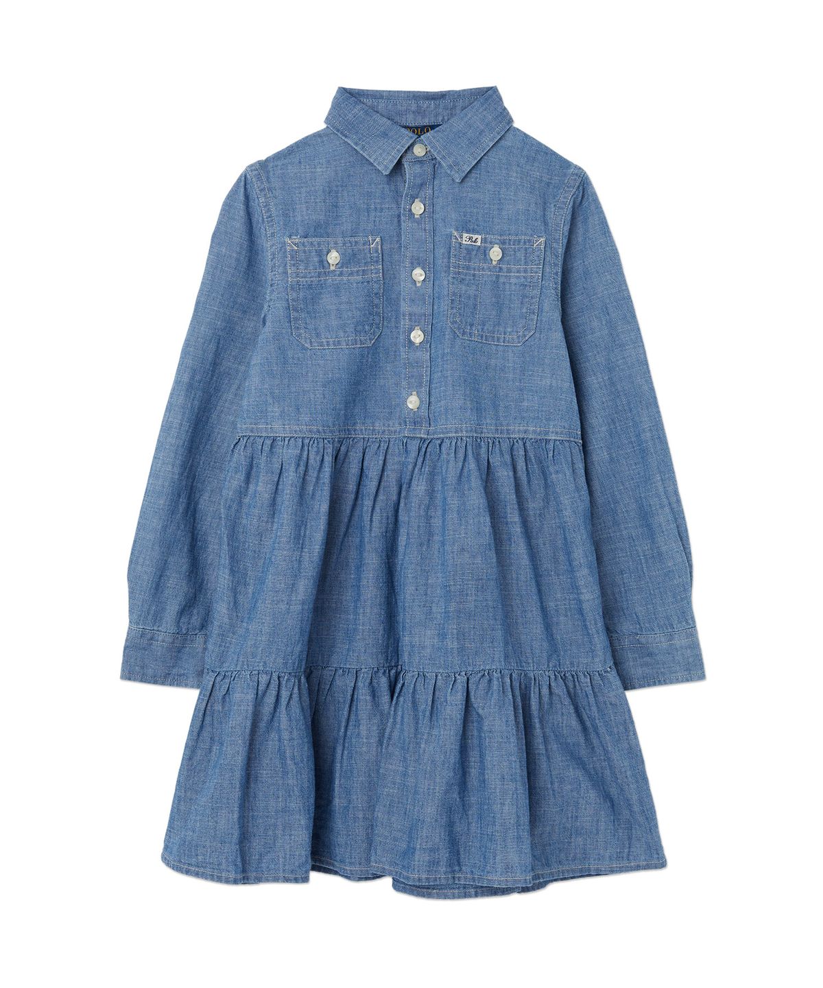 폴로 랄프 로렌 칠드런(POLO RALPH LAUREN CHILDREN) 여아 4-6.5세 티어드 샴브레이 셔츠드레스 - 블루