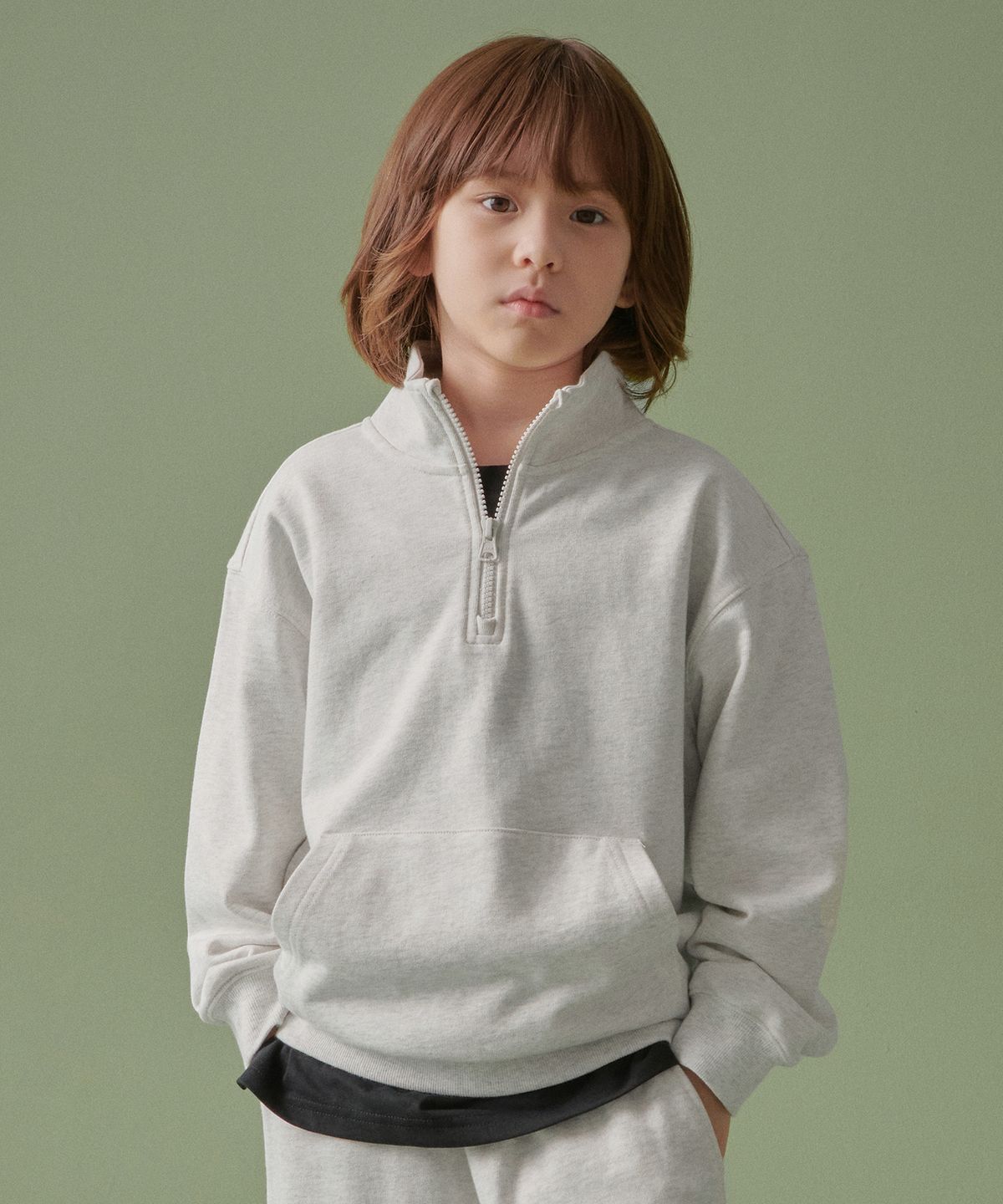 무신사 스탠다드 키즈(MUSINSA STANDARD KIDS) 오버사이즈 하프 집업 스웨트셔츠 [오트밀]