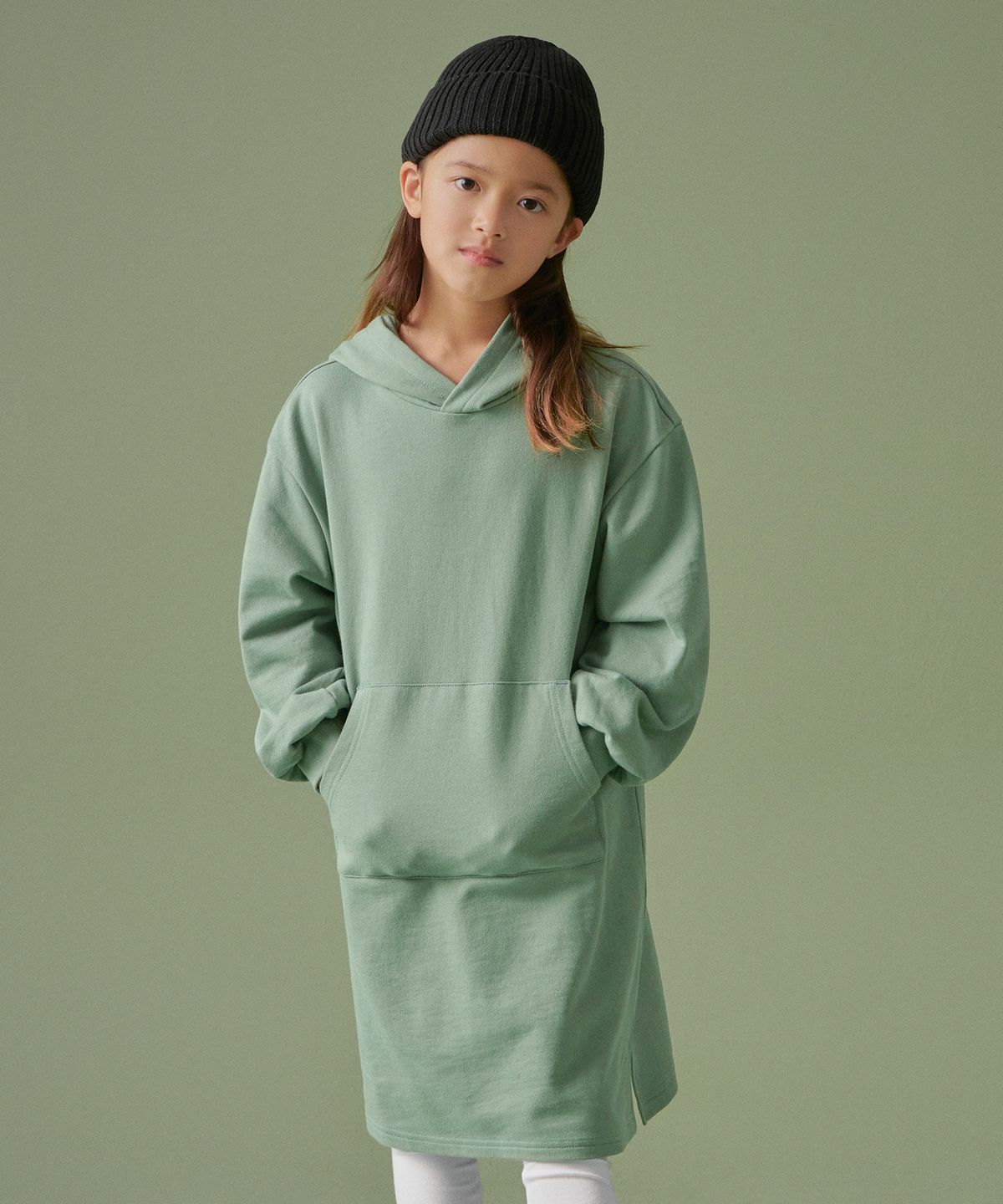 무신사 스탠다드 키즈(MUSINSA STANDARD KIDS) 후디드 스웨트 드레스  [세이지 그린]