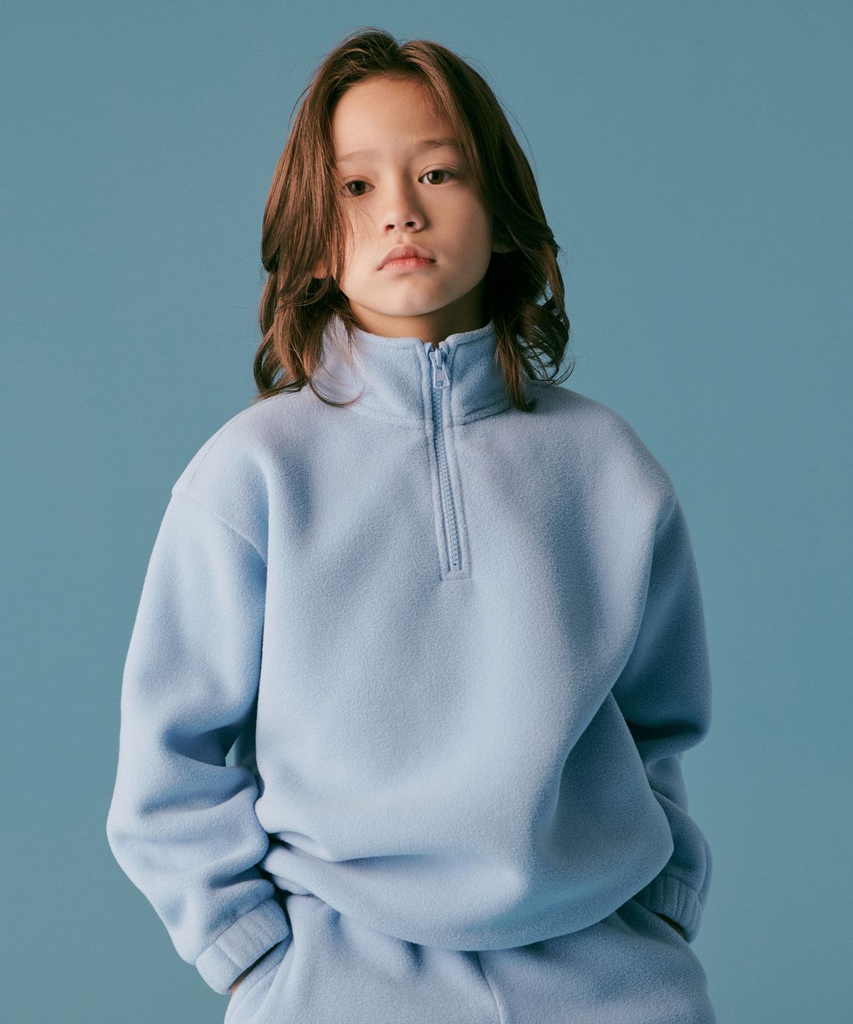 무신사 스탠다드 키즈(MUSINSA STANDARD KIDS) 오버사이즈 폴라 플리스 하프 집업 [블루 그레이]