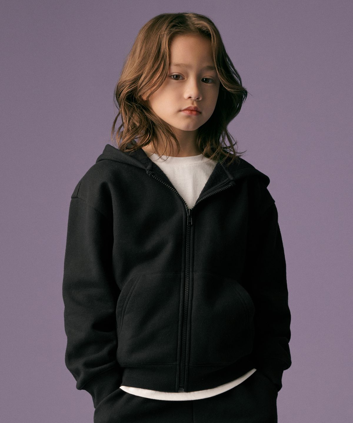 무신사 스탠다드 키즈(MUSINSA STANDARD KIDS) 기모 오버사이즈 후디드 스웨트 집업 [블랙]