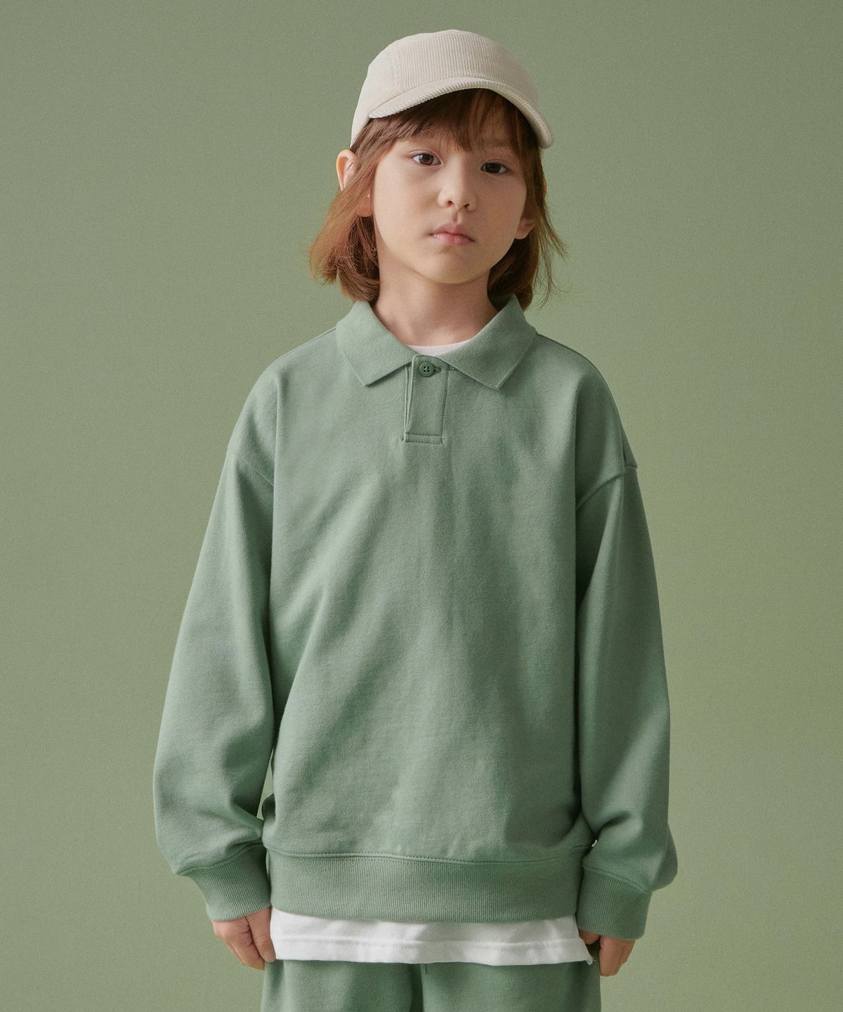 무신사 스탠다드 키즈(MUSINSA STANDARD KIDS) 오버사이즈 칼라드 스웨트셔츠 [세이지 그린]