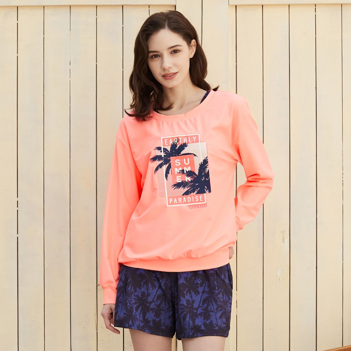 베이직엘르(BASIC ELLE) 루즈핏 맨투맨 래쉬가드 비치웨어 세트 BEL-V204P