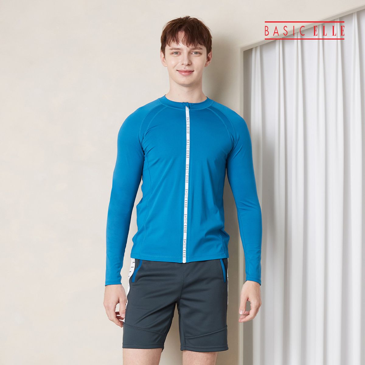 베이직엘르(BASIC ELLE) 남성인 로고 집업 래쉬가드 비치반바지 세트 BEM-V917B+BEM-V918B