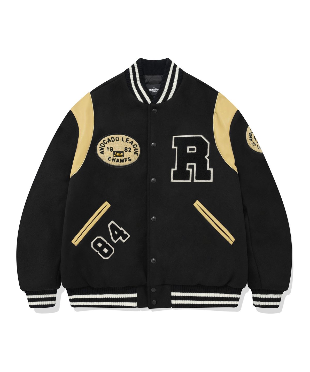 리트리버클럽(RETRIEVER CLUB) BIG R LOGO PATCH  STADIUM JACKET [BLACK]