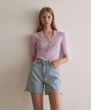 카라 포인트 반팔 가디건 - 라이트 퍼플
