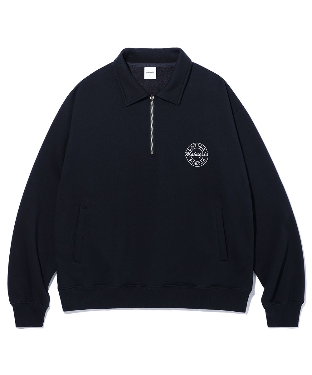 MUSINSA | MAHAGRID MGD SERIF LOGO HALF ZIP SWEATSHIRT NAVY