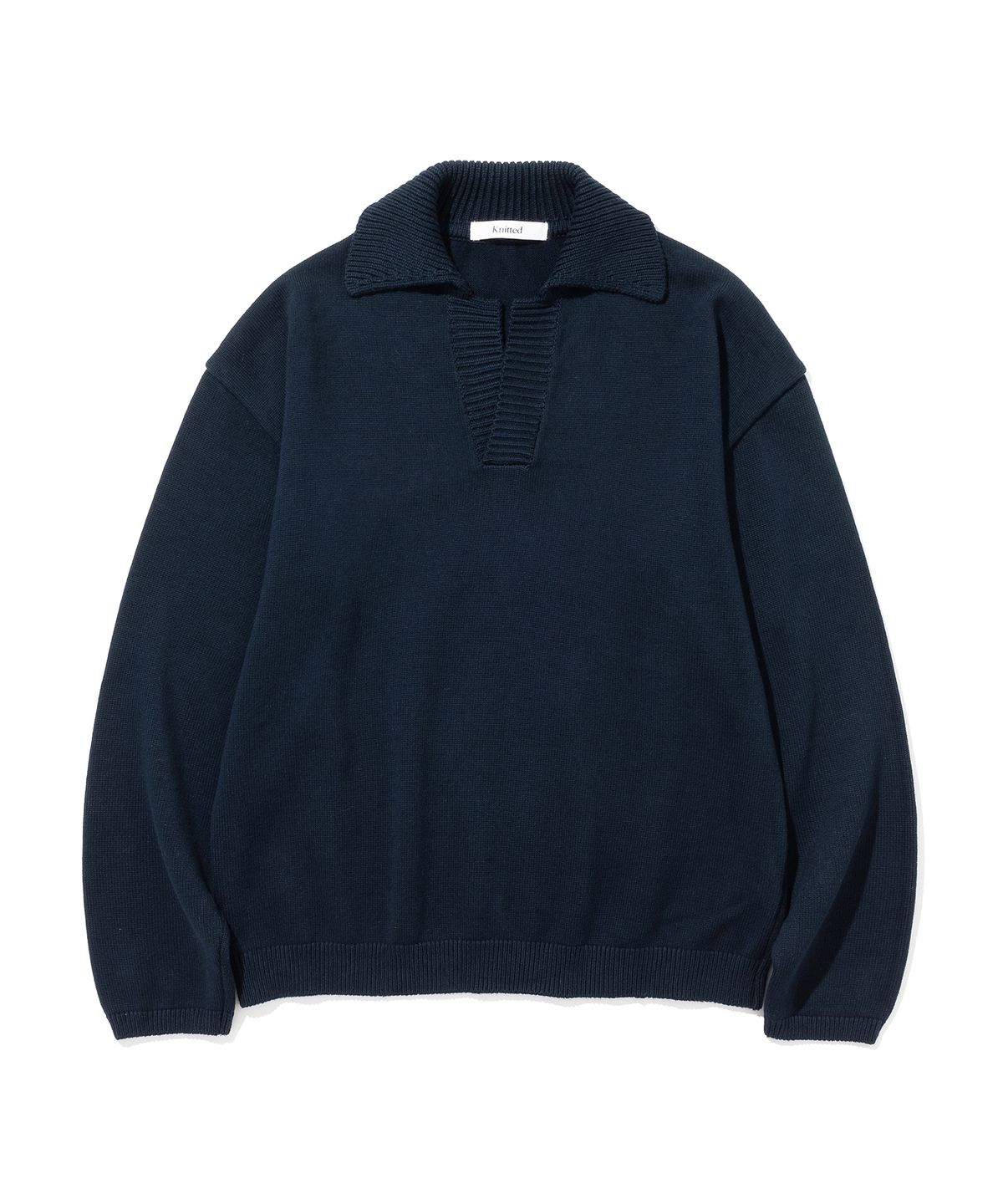 니티드(KNITTED) 오픈카라 리브드 카라 니트 NAVY