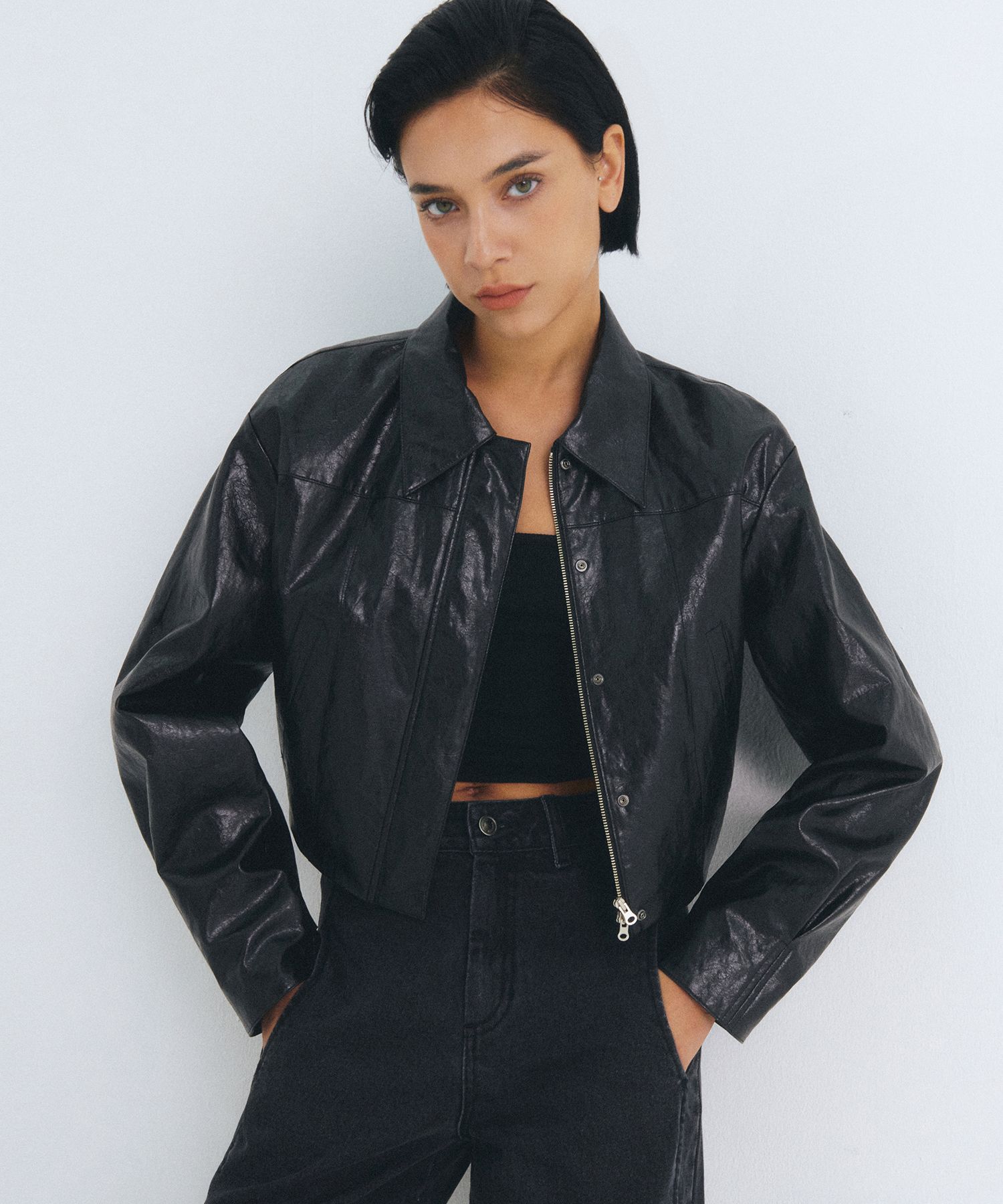 さらに100円引き◆citybreeze◆VEGAN LEATHER CROP JACKET MUSINSA | CITYBREEZE WOMAN [22FW] Vegan Leather Zip-Up Crop