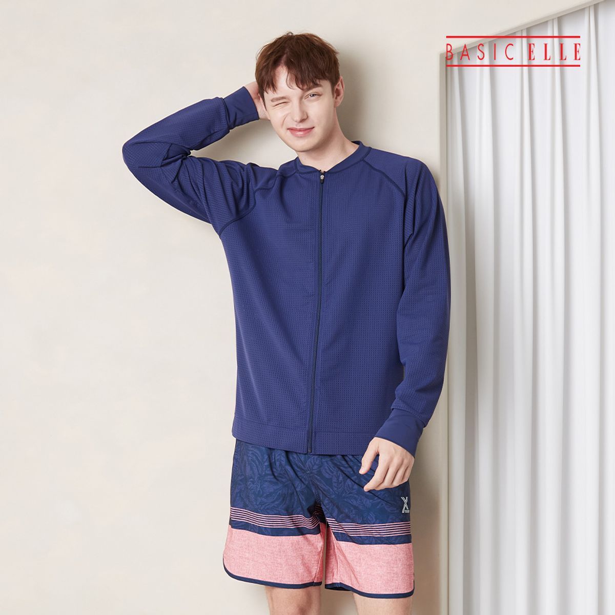 베이직엘르(BASIC ELLE) 남성인 펀칭 루즈핏 집업 래쉬가드 비치반바지 세트 BEM-V907N+BEM-V908N