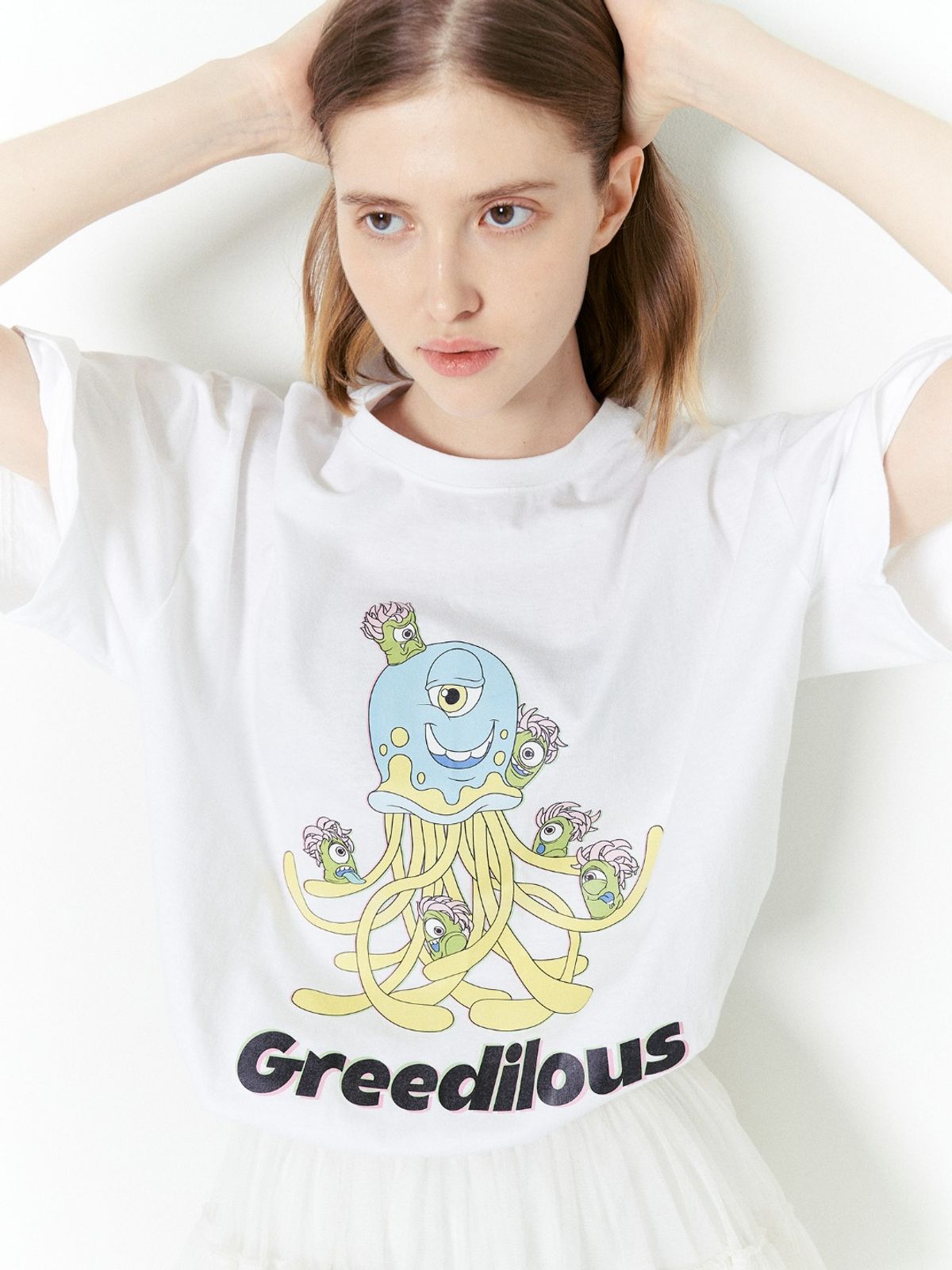 그리디어스(GREEDILOUS) 젤리피쉬 숏 슬리브 탑 화이트
