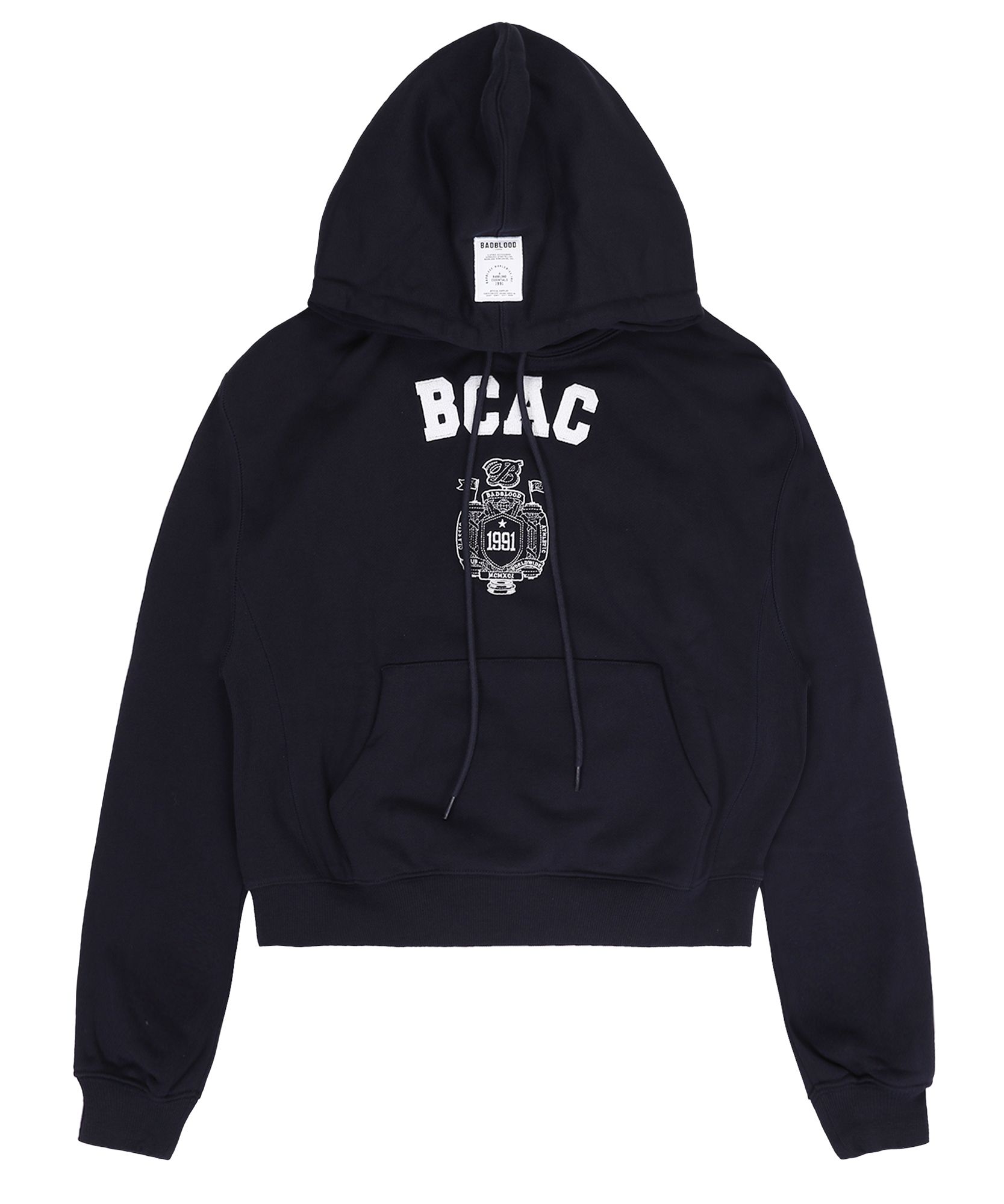 MUSINSA BADBLOOD BCAC Emblem Heavyweight Short Hoodie Navy