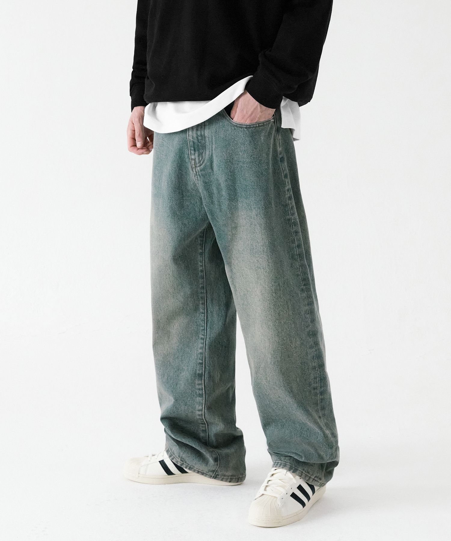★TRILLION★ Biostone washed wide denim pants DEEP BLUE TRSD MUSINSA | TRILLION Biostone Washing Wide Denim Pants_BEIGE BLUE