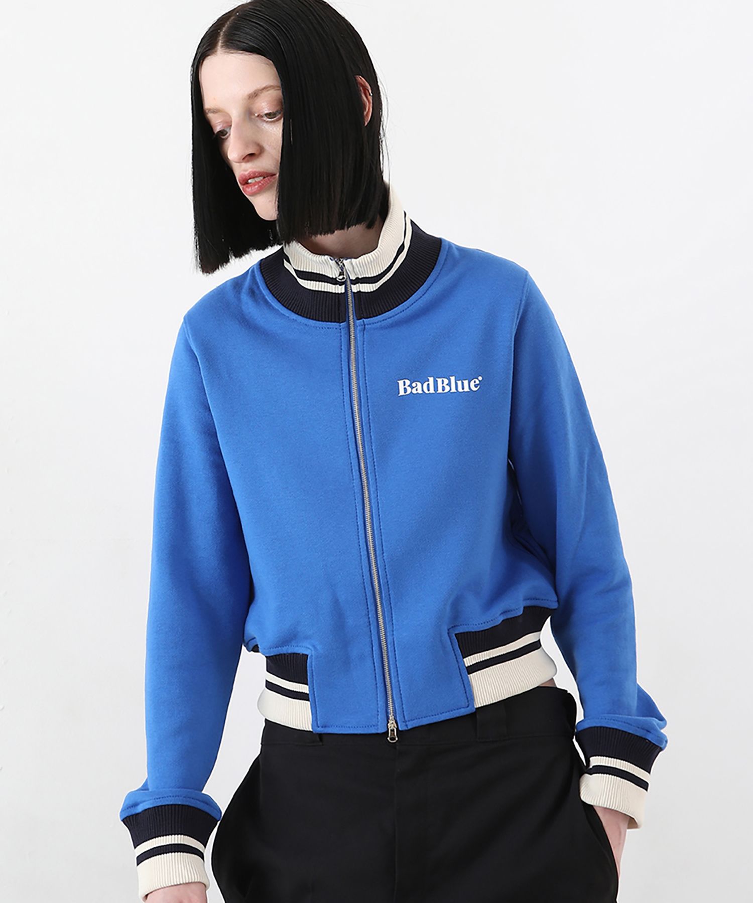 ☆韓国の人気☆【Bad Blue】☆Logo Crop Zipup Jerse.y☆ MUSINSA公式 | BADBLUE Logo Crop Zipup Jersey Blue