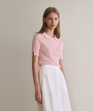 리브드 버튼 반팔 니트 - 핑크