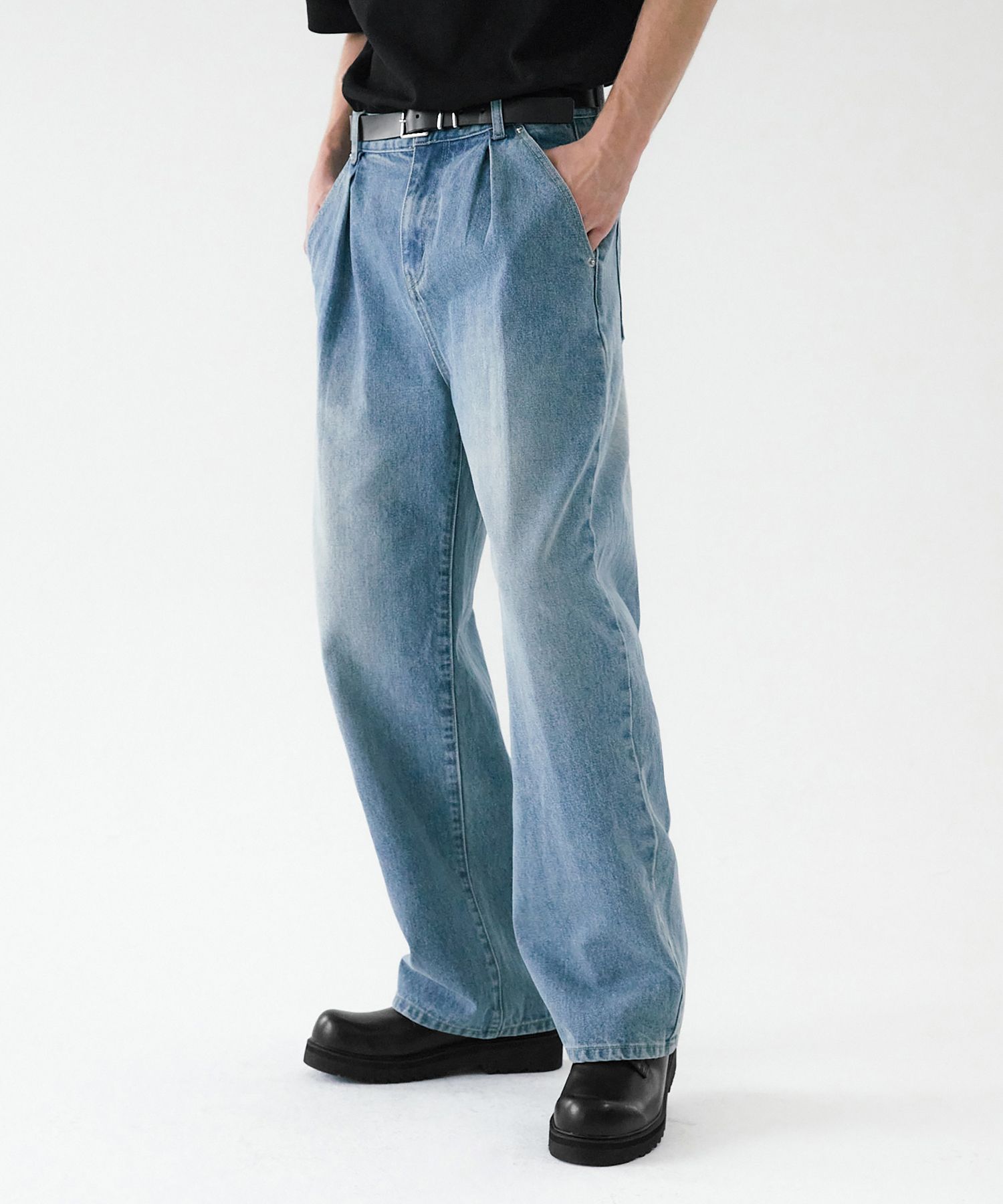 ★TRILLION★ Yellow Washing Reverse Tuck Denim Pants PINK BL MUSINSA | TRILLION Yellow Wash Reverse Tuck Denim Pants