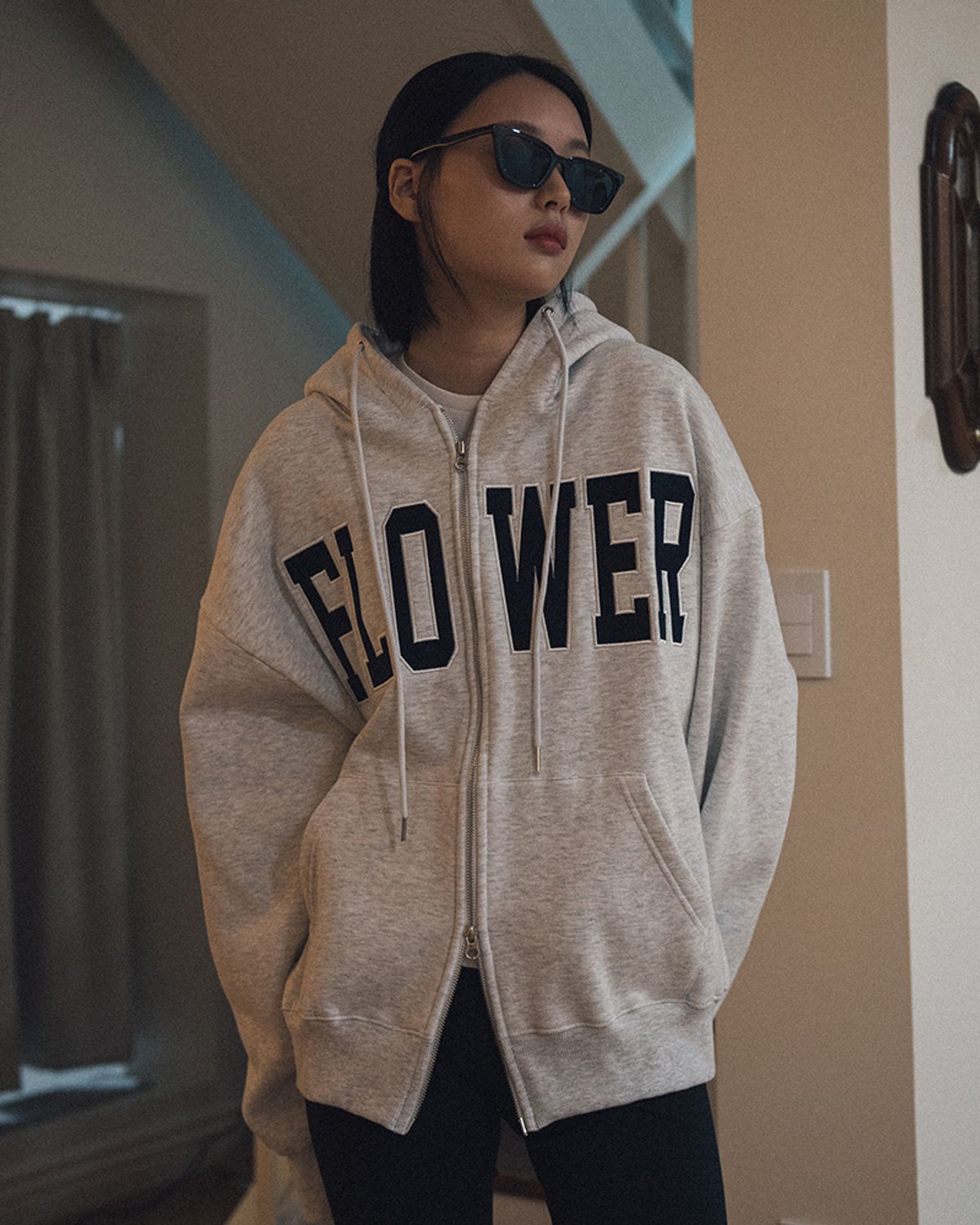 해비즘(HAVISM) FLOWER ZIP UP HOOD(MELANGE WHITE)