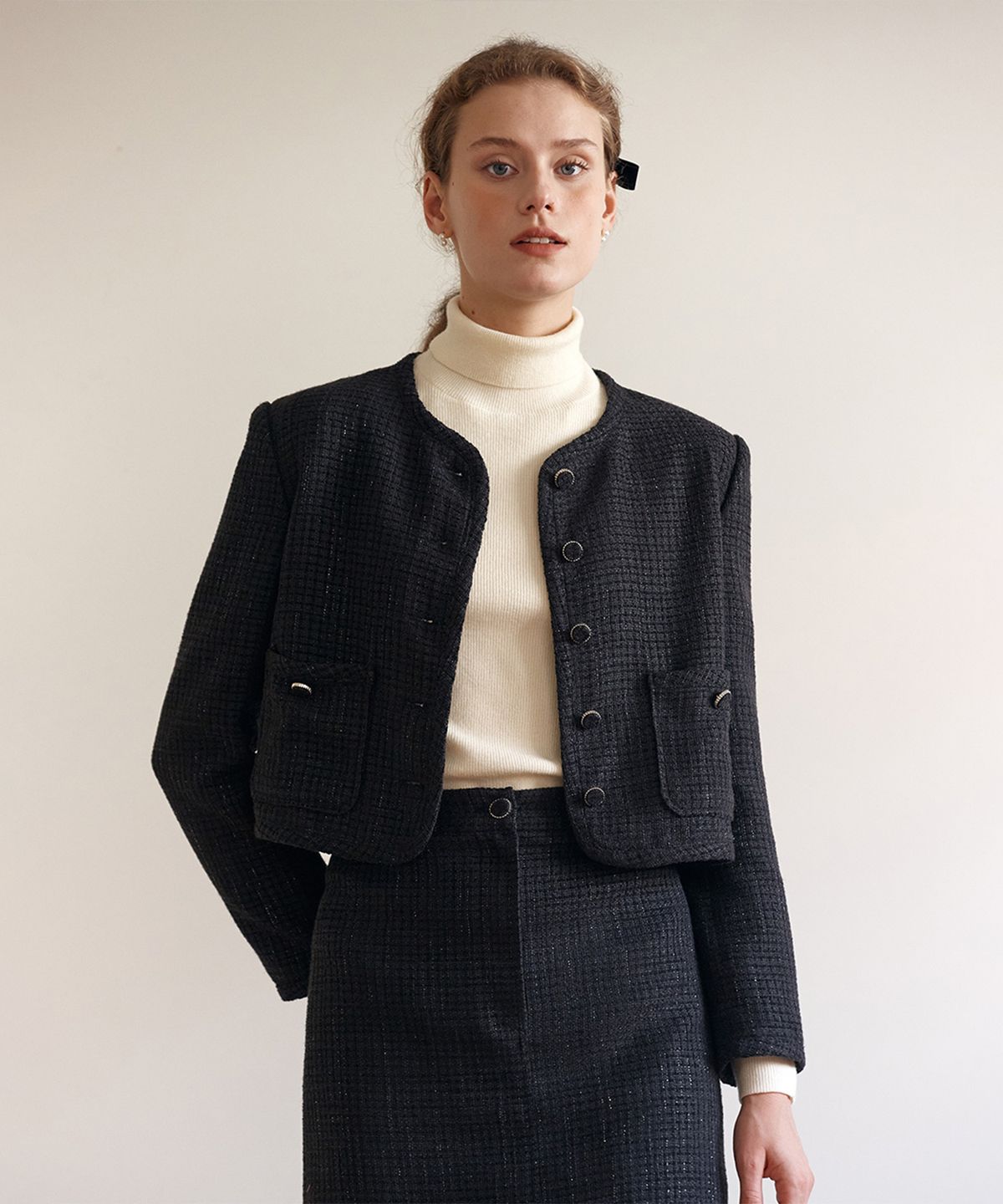 로라로라(ROLAROLA) TWEED BUTTON JACKET BLACK