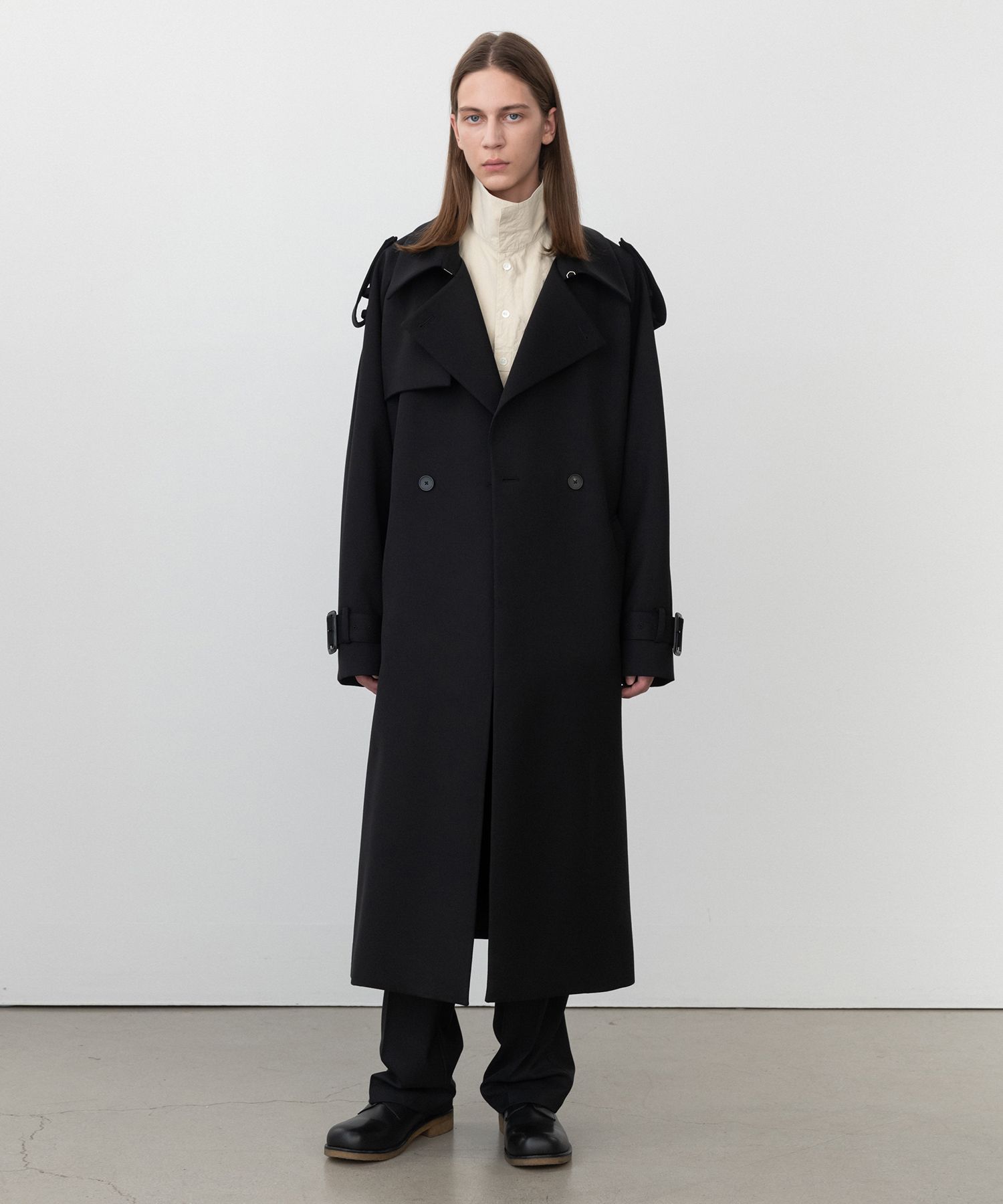 MUSINSA | INSILENCE Oversized Slosh Wool Trench Coat BLACK