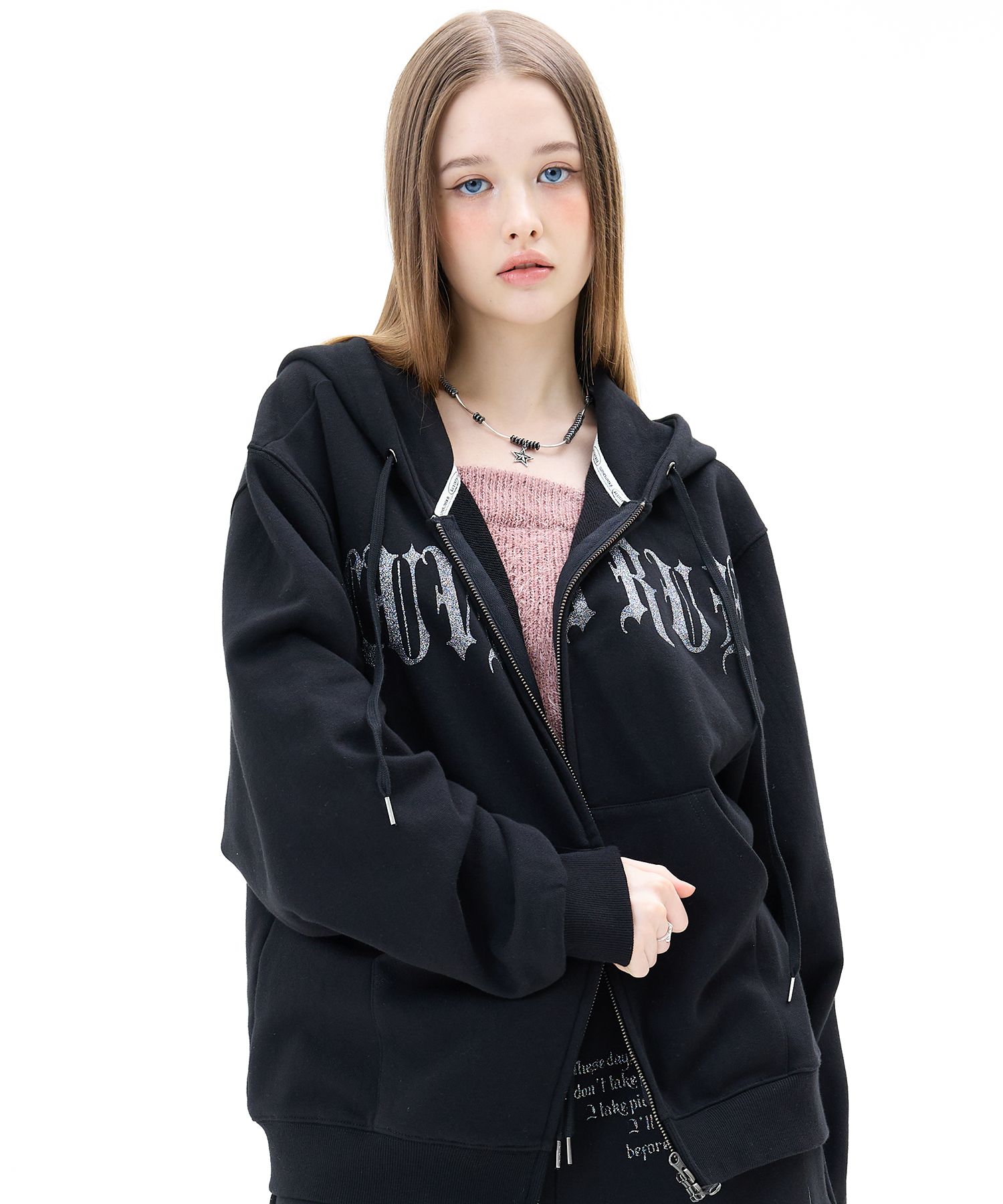 MUSINSA | LUV IS TRUE MZ 2-WAY GLITTER HOOD ZIP UP_BLACK