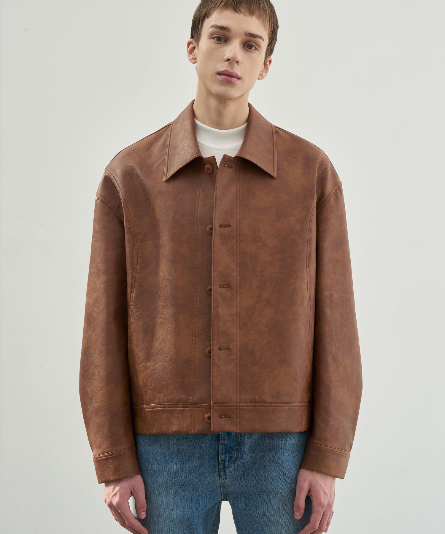 MUSINSA公式 | DRAW FIT ラインスモークレザージャケット [SMOKE CAMEL]