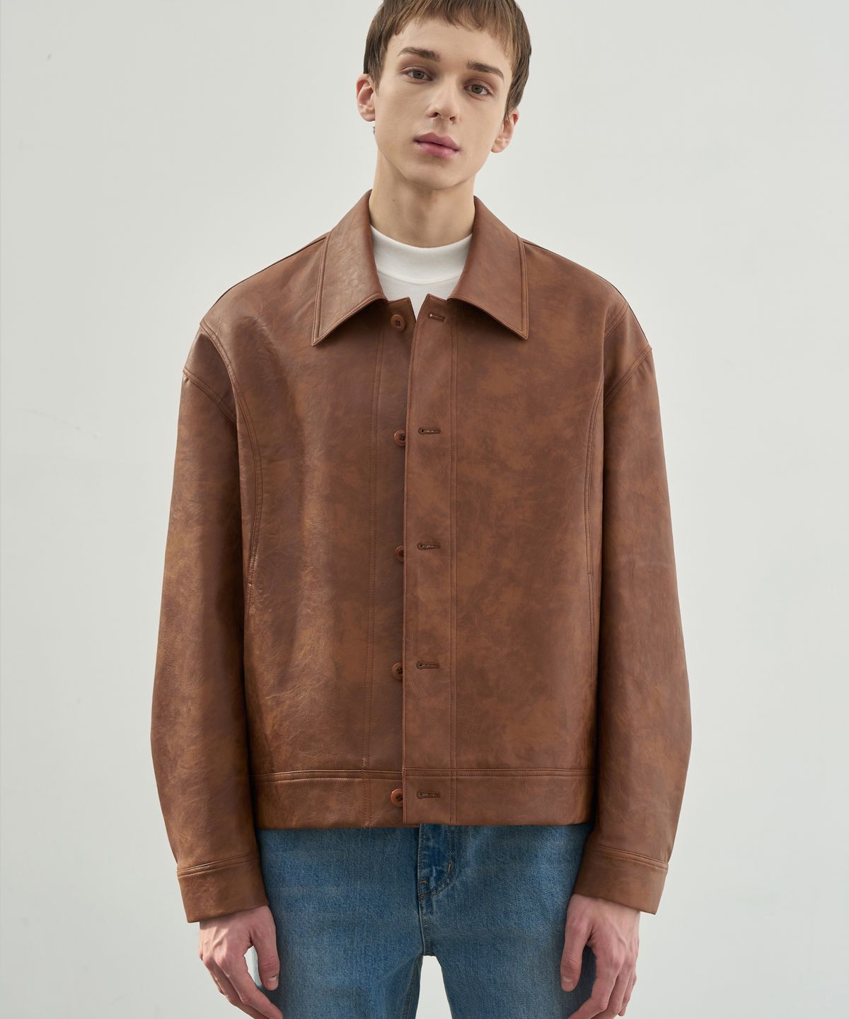 드로우핏(DRAW FIT) 라인 스모크 레더 자켓 [SMOKE CAMEL]