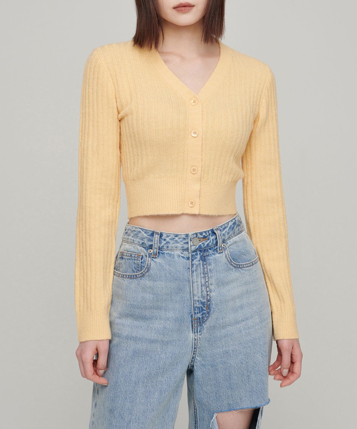 무신사 스탠다드 우먼(MUSINSA STANDARD WOMAN) 우먼즈 소프트 부클 리브드 크롭 가디건 [옐로우]