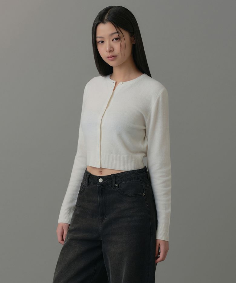 우먼즈 램스울 라운드 넥 크롭 가디건 [아이보리]