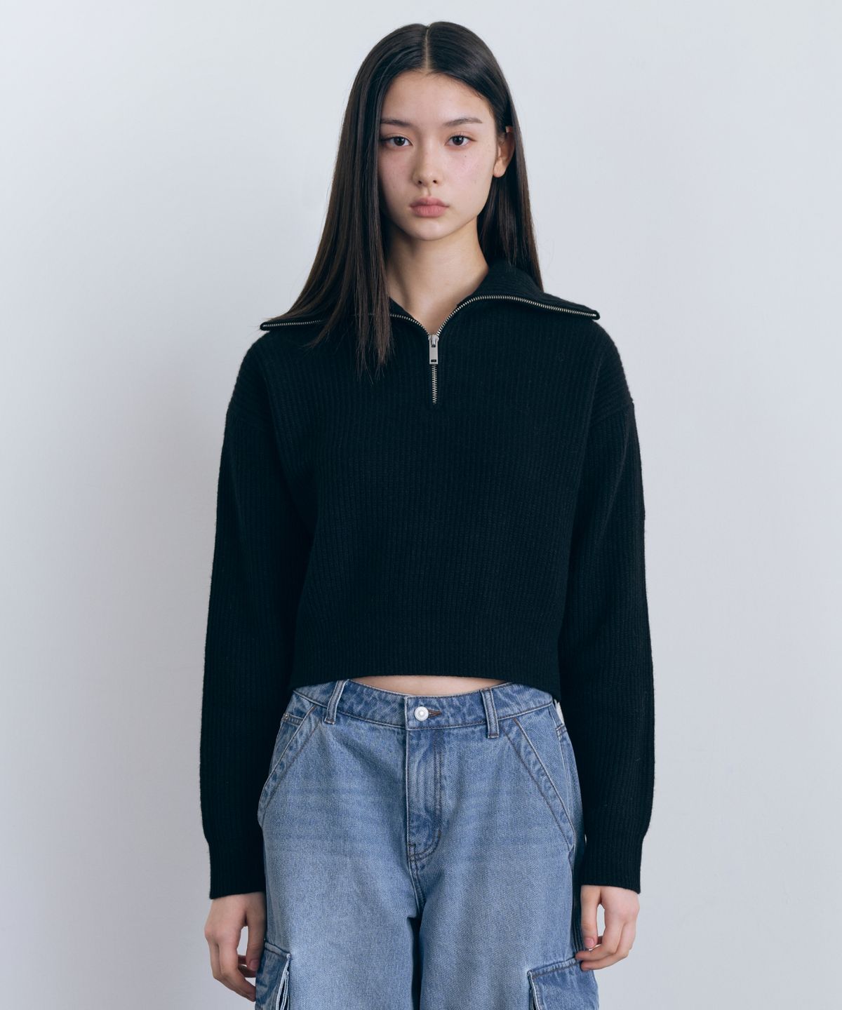 무신사 스탠다드 우먼(MUSINSA STANDARD WOMAN) 우먼즈 램스울 리브드 니트 하프 집업 [블랙]