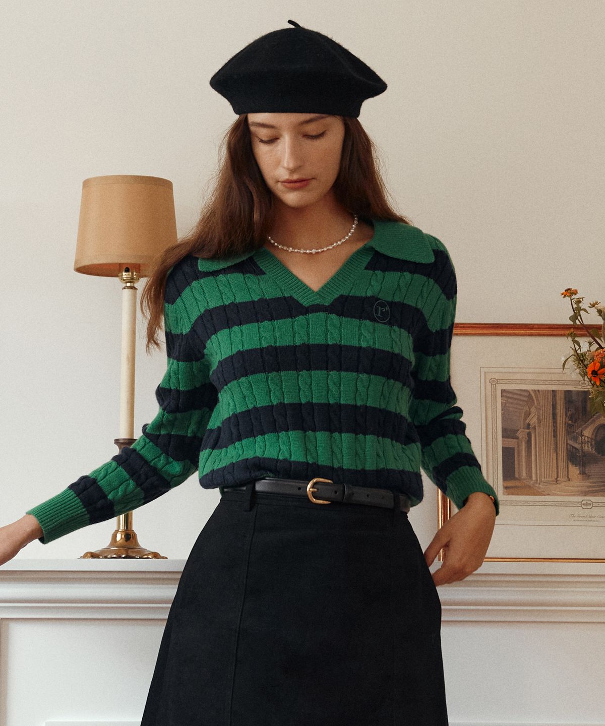 로라로라(ROLAROLA) COLLAR STRIPE BOARDER KNIT GR+NV