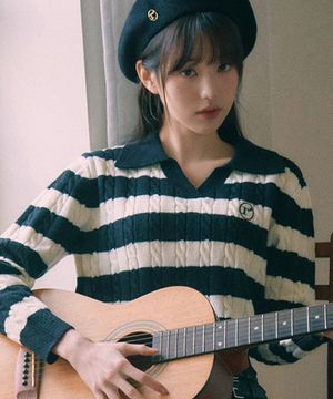 [장원영 Pick] COLLAR STRIPE BOARDER KNIT WH+BK