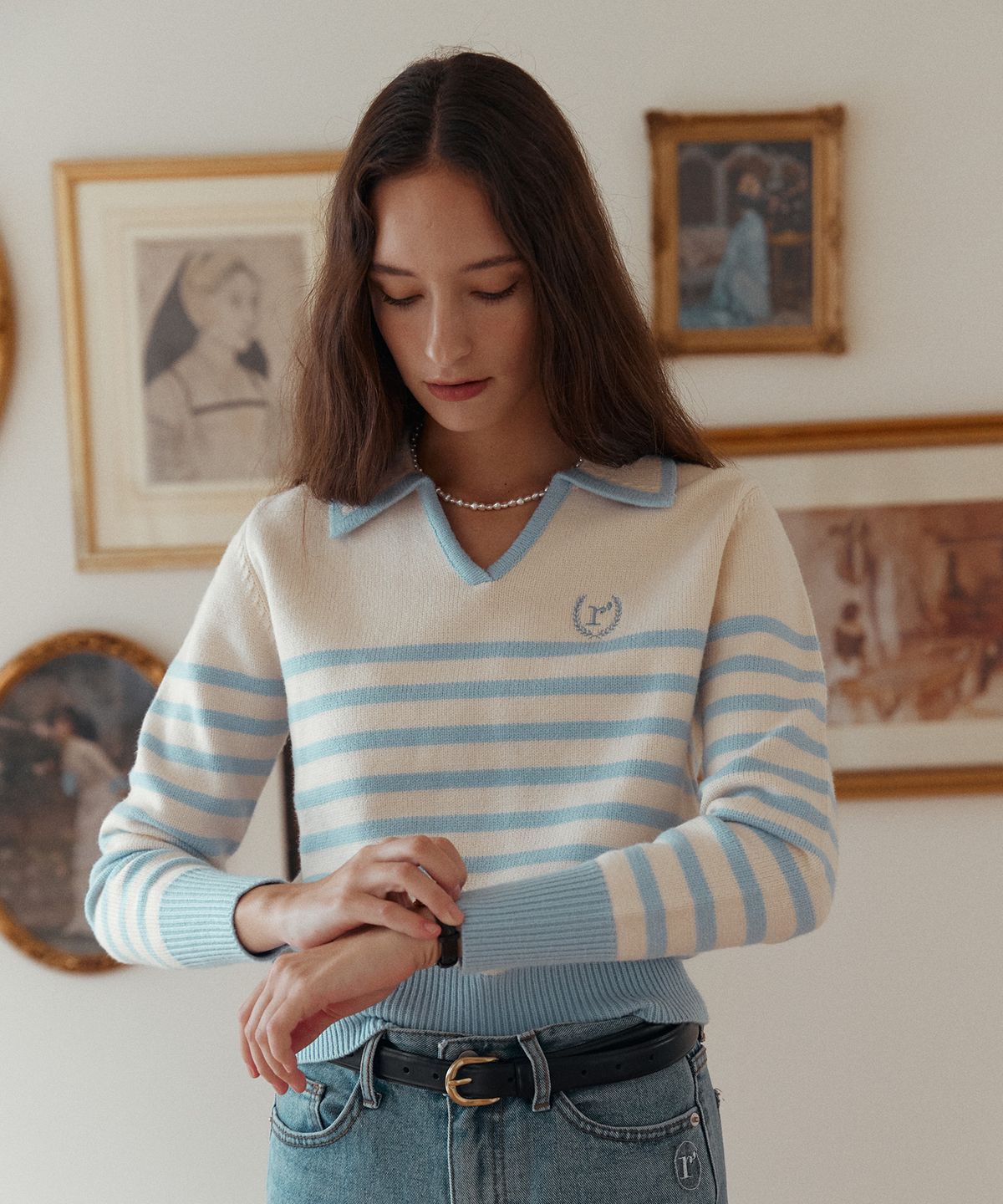로라로라(ROLAROLA) COLLAR STRIPE KNIT WH+BL