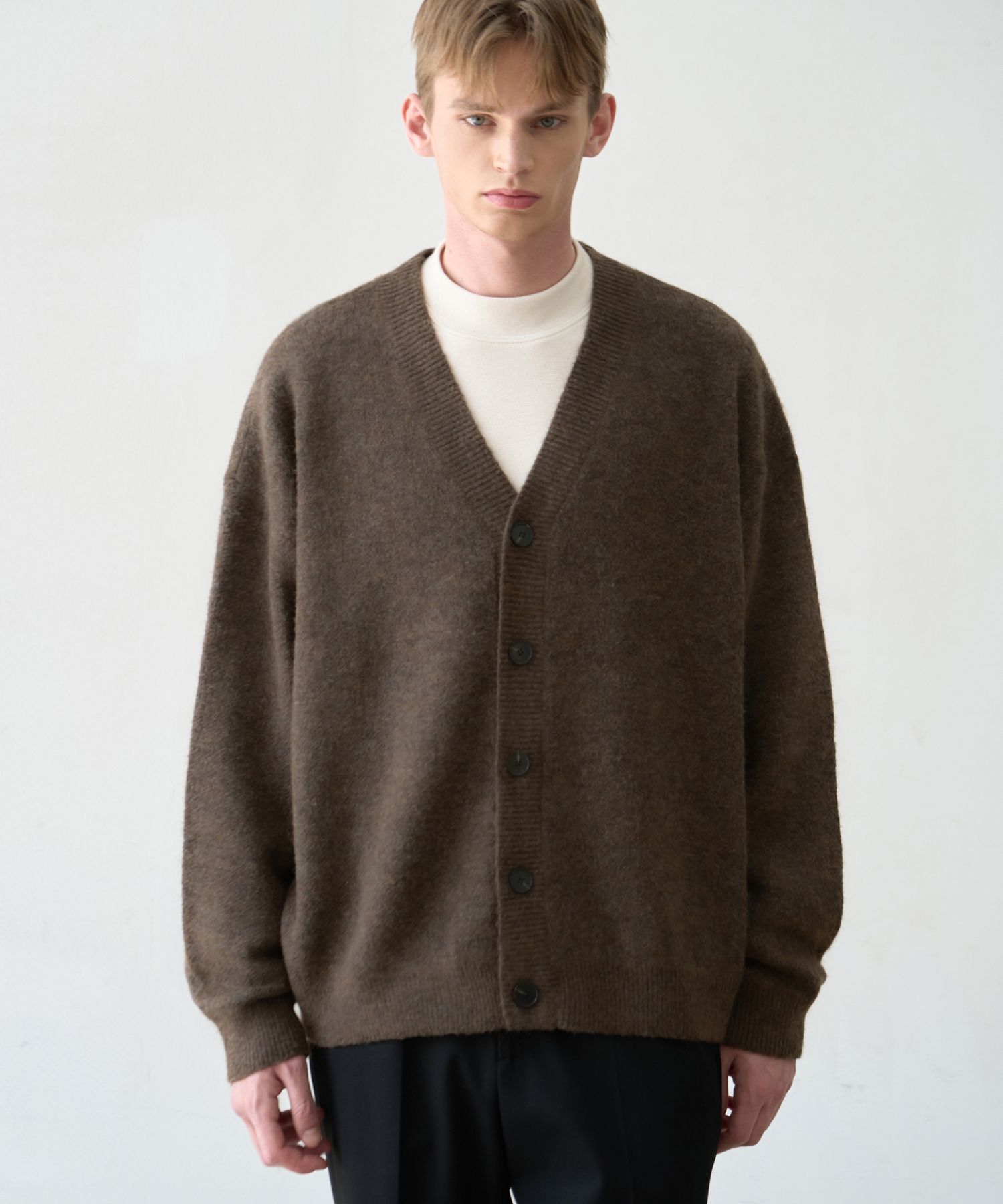 MUSINSA | DRAW FIT Oversized Mohair Knit Sweater Cardigan [BROWN]