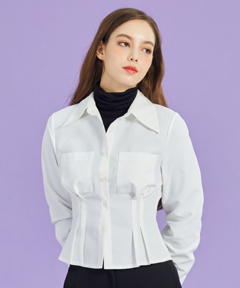 WOMEN 미디 크롭 슬림 긴팔 셔츠 [WHITE] 크롭티 긴팔티 MD