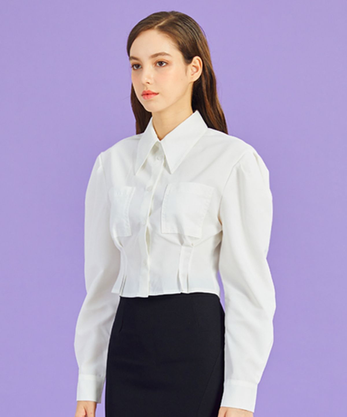 콜릿(KOLEAT) WOMEN 크롭 슬림 퍼프 긴팔 셔츠 [WHITE] 크롭티 긴팔티 PF
