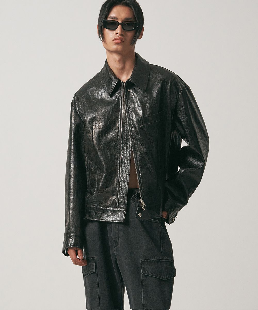 MUSINSA公式 | NOIRER Cracked Skin Cropped Leather Jacket (Black)