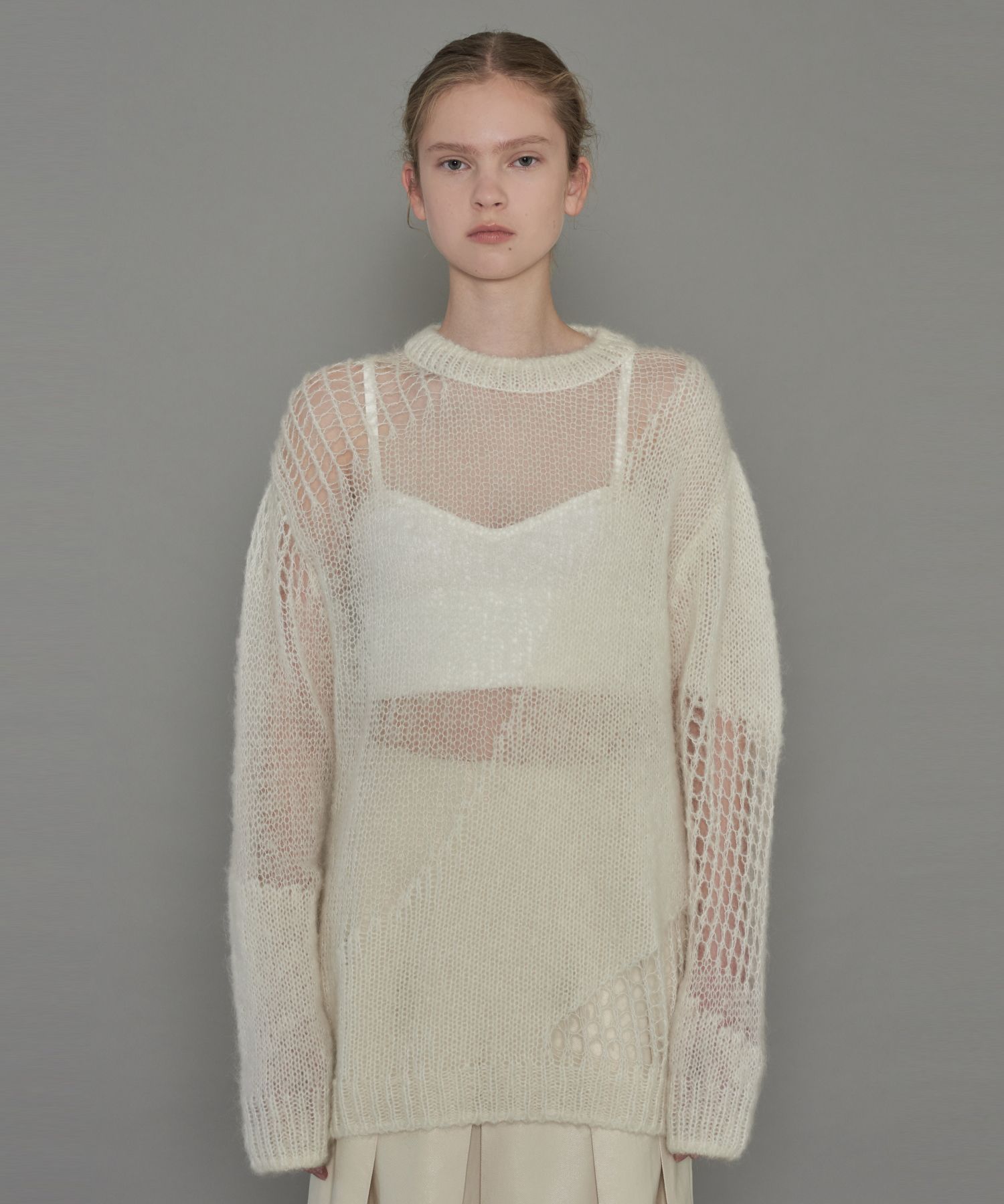 ★ DIAGONAL★ L NETTING KNIT DRESS ivory DA234KN02IV Cable Knit Dress | Unison Label